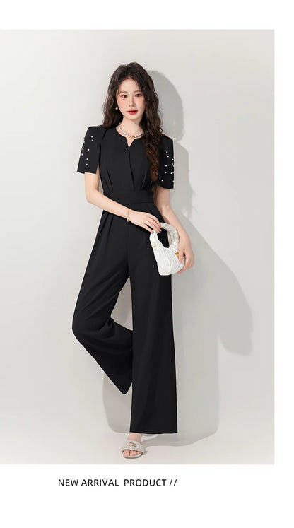 Women's Luxury Diamond-Studded Jumpsuit – Slim Fit Wide Leg Palazzo Pants, Autumn Short Sleeve Romper with High Waist.