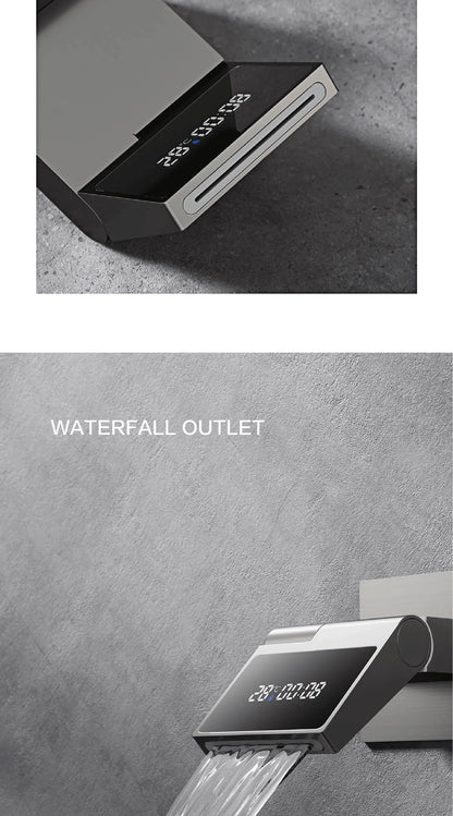 Luxury gun gray brass wall mounted bathroom faucet with LED digital display Single handle hot & cold water embedded bathroom Tap