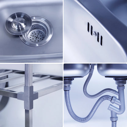 Edelstahlspüle, freistehendes Doppelschüssel-Küchenspülbecken mit Wasserhahn, Warm- und Kaltwasserrohr, Silber 75 * 40 * 83 cm