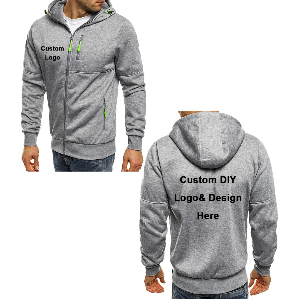 Men's hooded zipper jacket with pockets, custom logo image text, casual sports streetwear, men's cardigan wool sweater, fashion.