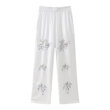 Summer New Product Women's Style Flip Collar with Beaded Embroidered Shirt, High Waist Straight Leg Pants Set