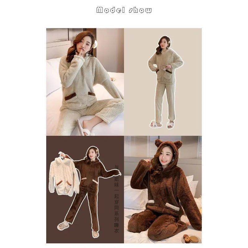 Verdickte warme Flanell Herbst und Winter Frauen Cartoon Plüsch mit Kapuze Bär Nachtwäsche Loungewear zweiteilige solide Nachtwäsche Homewe.