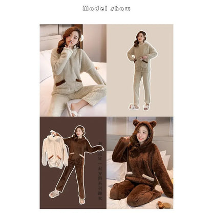 Verdickte warme Flanell Herbst und Winter Frauen Cartoon Plüsch mit Kapuze Bär Nachtwäsche Loungewear zweiteilige solide Nachtwäsche Homewe.