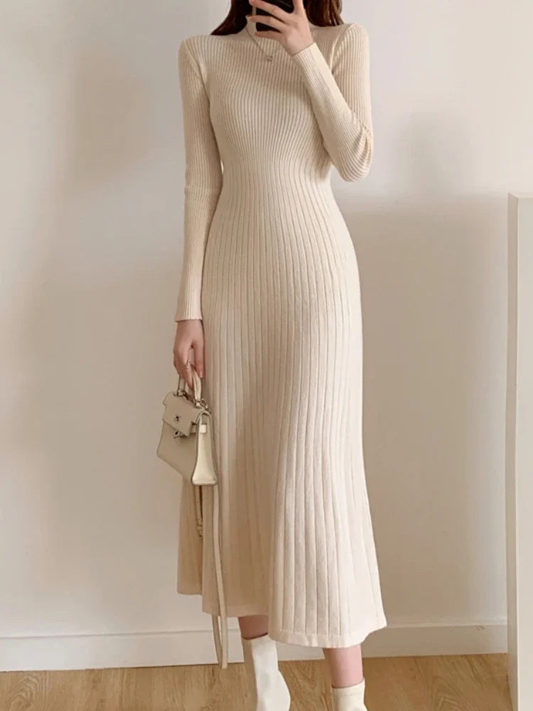 Herbst Winter 2023 Schlank Langarm Party Midi Kleid für Frauen Gestrickte Halb Hohen Kragen Elegante Gestrickte Pullover Kleider Damen.