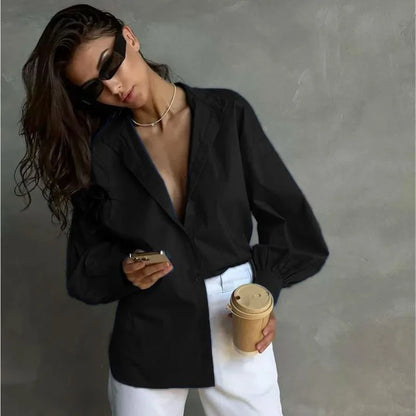 Women's Lantern Sleeve Oversized Blouse 2025 New Casual Loose Streetwear Black White Shirt Woman Vintage All-Match Basic Blusas.