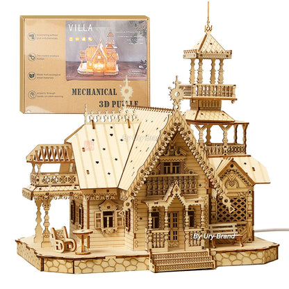 3D Wooden Puzzle Villa House Royal Castle with Light Assembly Toy Kid Adult DIY Model Kits Desk Decoration for Gift.
