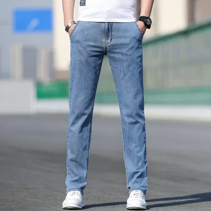 Thin Men's Baggy Soft Casual Jeans Gray Summer Fashion Versatile Comfortable Stretch Straight Casual Jeans Light Blue Male.