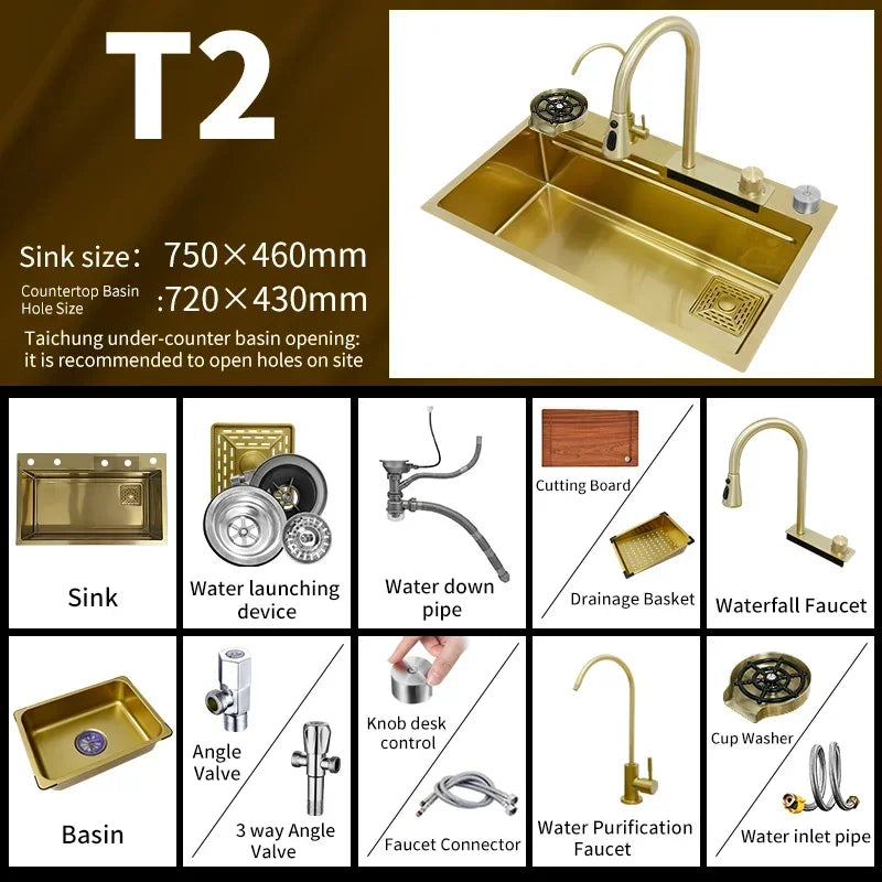 Waterfall Kitchen Sink Gold 304 Stainless Steel Modern Multifuctional Large Sink  Above Counter Apron Front Installation