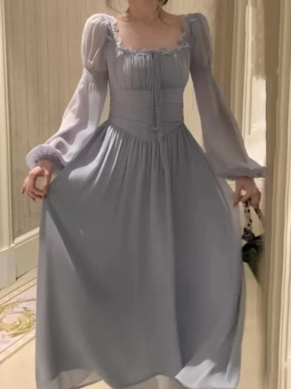 2024 Französisch elegante Prinzessin Abend party Midi Kleider für Frauen A-Linie schlanke Bandage Langarm Vestidos koreanische Frühlings kleidung