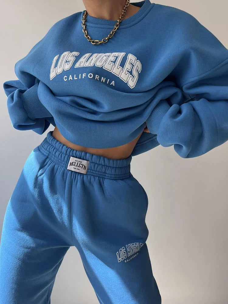 Warm Suit Autumn Winter Women Solid Set Elegant O-neck Pullover Hoodie And Pocket Trousers Two-Piece Set Lady Casual Loose Sets.