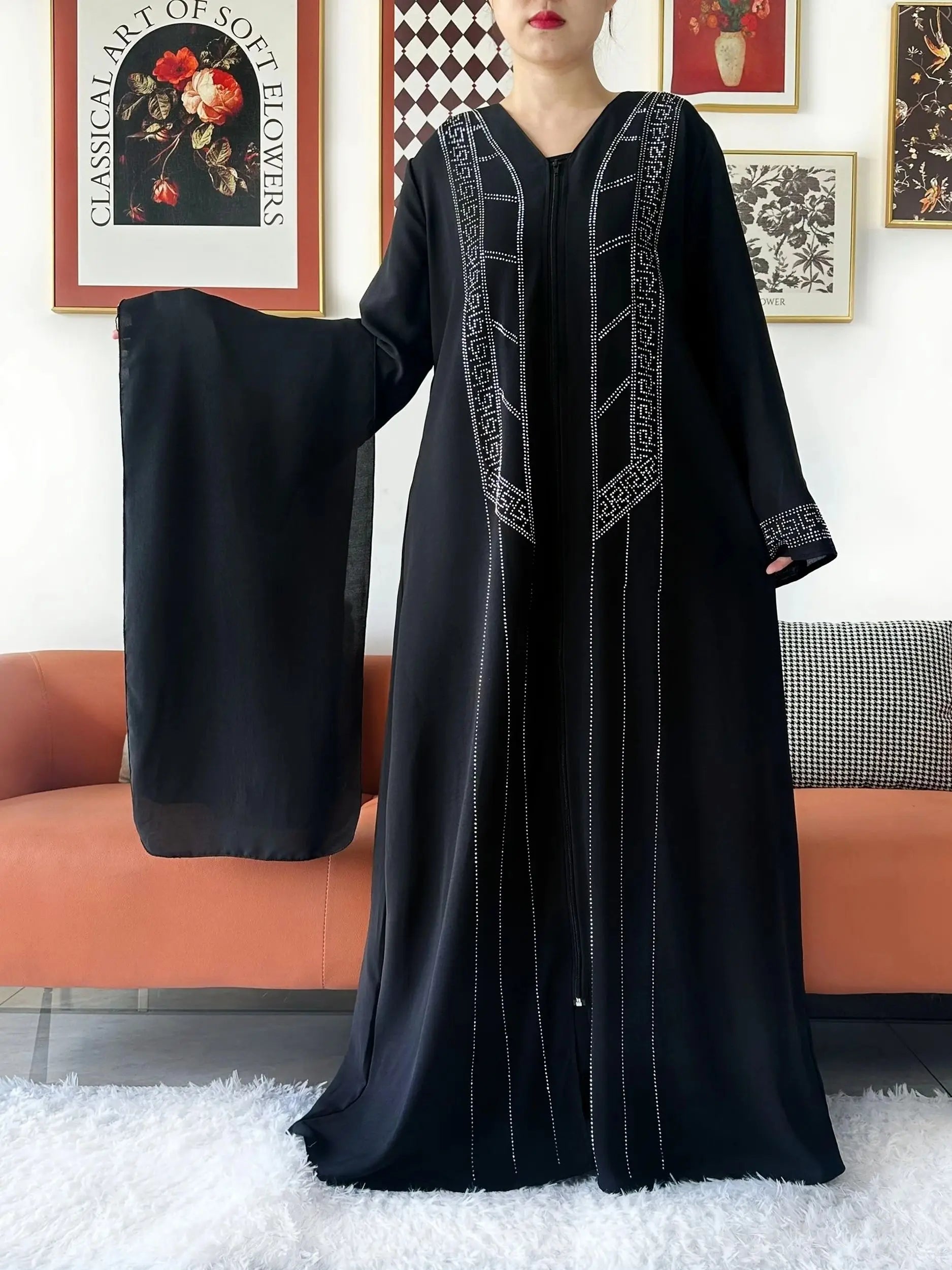 New Women Elegant Dress Chiffon Open Abaya with Zipper Muslim Women Dress Islamic Clothing Cardigan Abaya Women Muslim Dress.