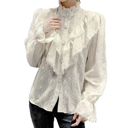 Long Sleeve Loose Spring Fashion Button White Shirt Elegant Stand Collar Pleated Tops Casual Ruffle Lace Blouse Blusas 15832.