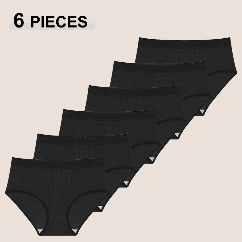 6PCS Women's Plus Size Lace Panties Seamless Solid Color Sport Cozy Physiological Underwear Female Breathable Elastic Lingerie
