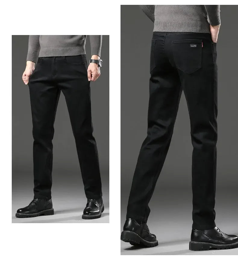 Men's Black Straight Leg Jeans Casual Elastic Business Pants High Waist Slim Fit Long Trousers New 2025 Gray Color.