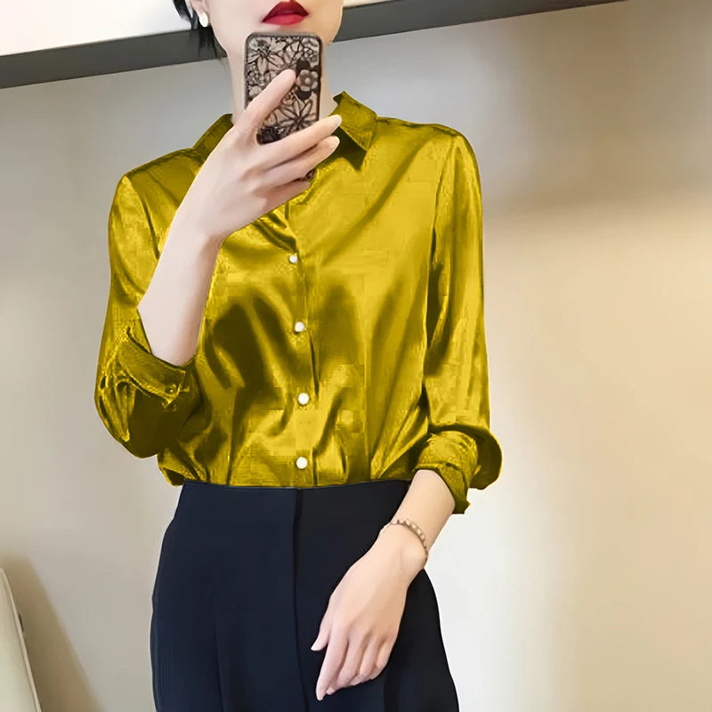 Luxury Satin Finish Shirts And Blouses For Women Clothes Casual Top OL Long Sleeve Single Breasted Elegant French Solid Blouses.