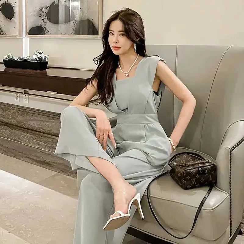 Slimming High Waist Wide Leg Pants Korean Style Fashionable Women's One-Piece Jumpsuit Summer New Arrival Simple Elegant