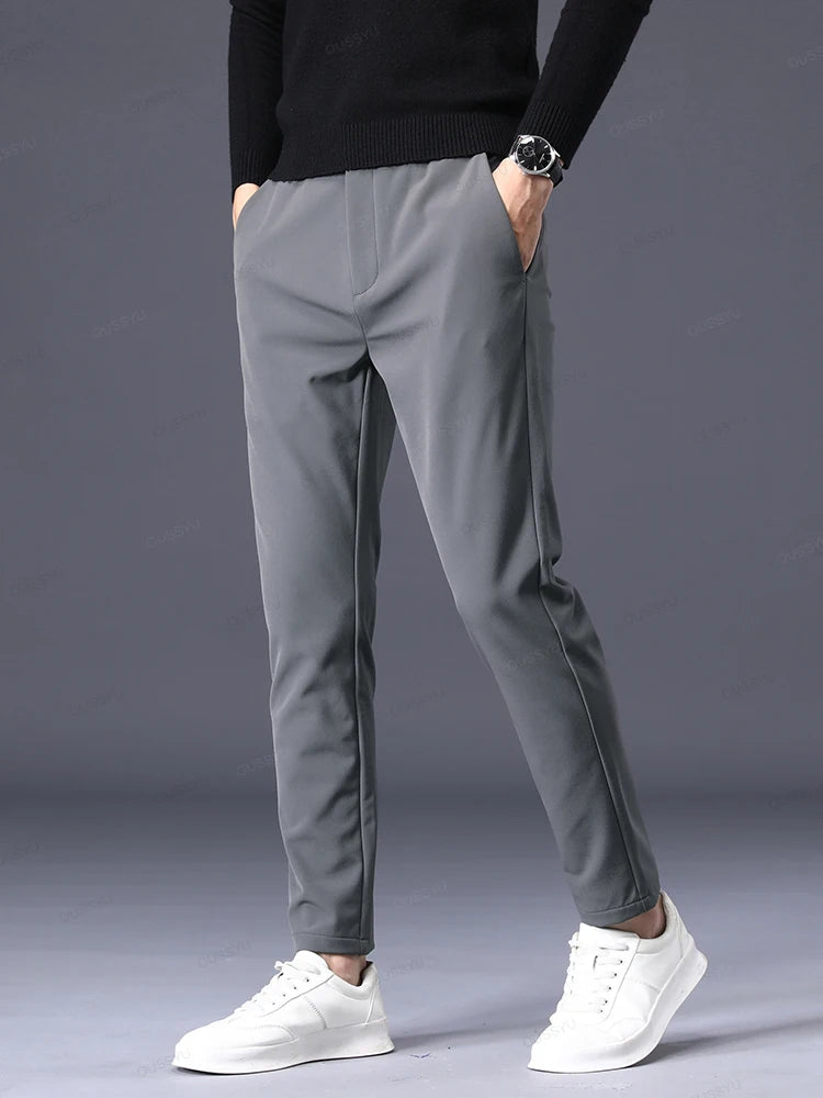 Autumn Winter Casual Pants Men Thick Business Stretch Slim Elastic Waist Jogger Outdoors Korean Classic Grey Black Trousers Male.