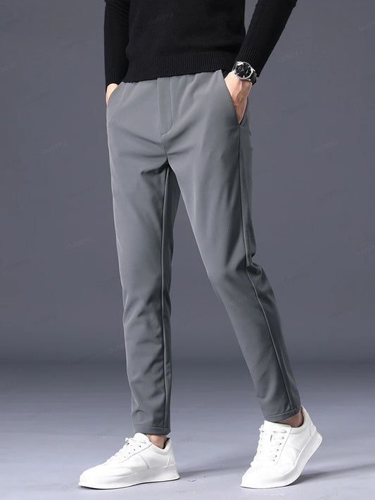 Autumn Winter Casual Pants Men Thick Business Stretch Slim Elastic Waist Jogger Outdoors Korean Classic Grey Black Trousers Male.
