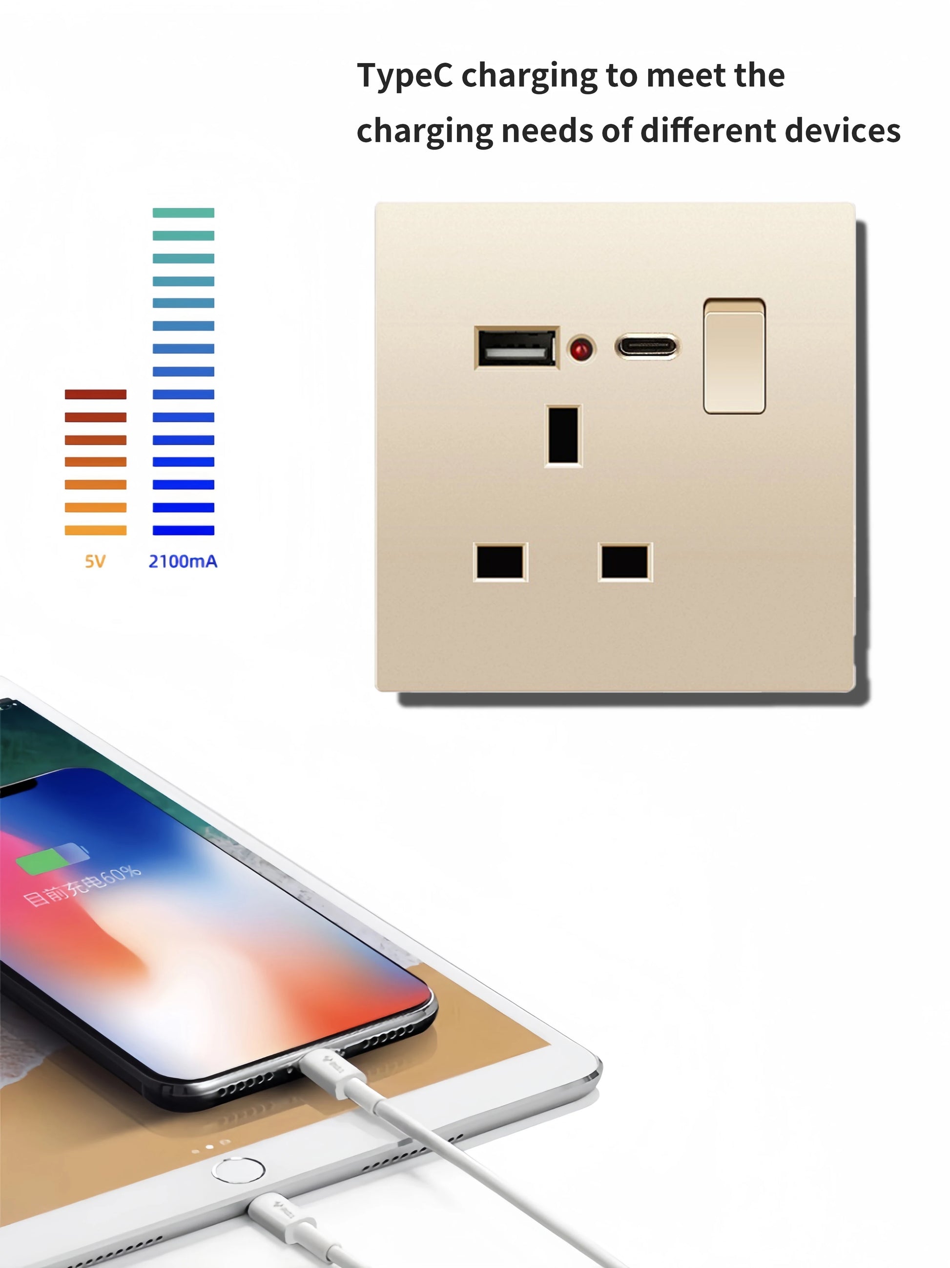 UK Standard 13A Gold USB Stecker Wandsteckdose Lichtschalter, 220V Universal 6-Loch-Doppelsteckdose mit 2,1A USB-Ladeanschluss.