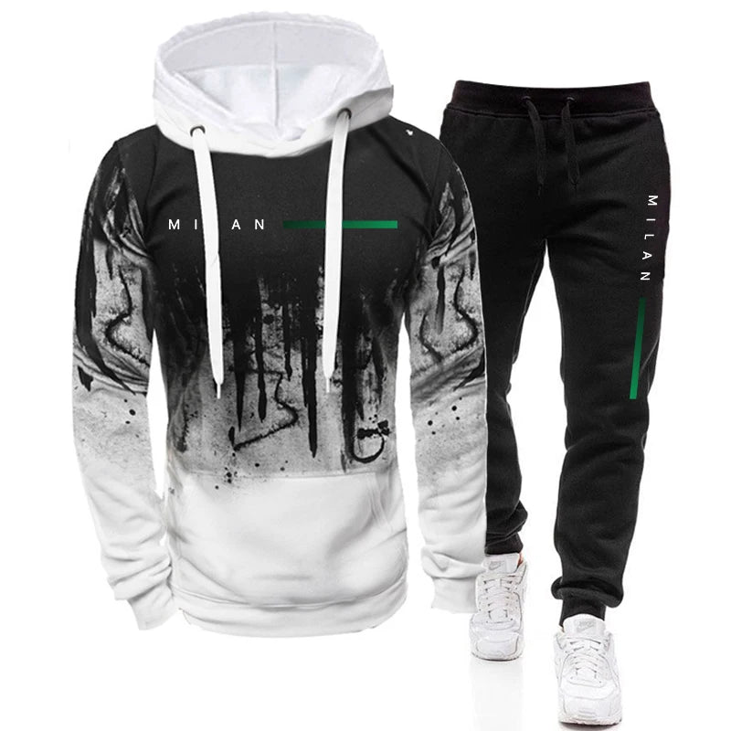 Men's Fashion Tracksuit Hooded Sweatshirts and Black Sweatpants Autumn Winter Casual Sports Jogging Suit Gym Hoodies Outfits.