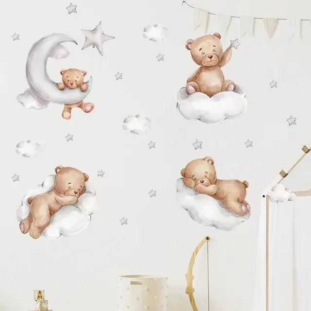 Cute Bear Moon Star Wall Stickers for Kids Rooms Girls Boys Baby Room Decoration Kawaii Cartoon Animal Nursery Wallpaper Vinyl