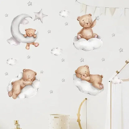 Cute Bear Moon Star Wall Stickers for Kids Rooms Girls Boys Baby Room Decoration Kawaii Cartoon Animal Nursery Wallpaper Vinyl