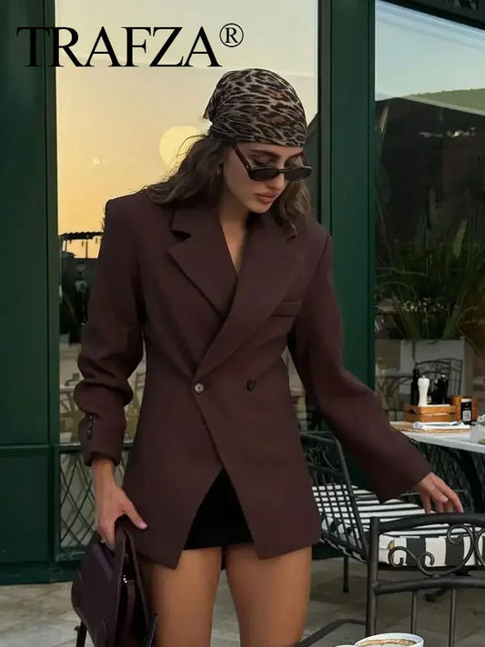 TRAFZA Frauen Elegante Feste Revers Zwei Tasten Anzug Jacke Mode Lange Hülse Dünne Kurze Mäntel 2024 Neue Casual Büro Dame Blazer
