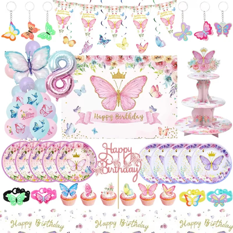 Schmetterling Geburtstag Party Dekoration Mädchen Einweg Geschirr Set Pappteller Tasse Ballon Tischdecke Schmetterling Thema Liefert.