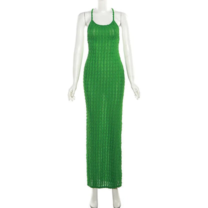 Sexy Streifen Rippen Stricken Schlank Bodycon Maxi Kleid Frauen Ärmellose Backless Lange Popcorn NDress Elegante Club Party Vestidos