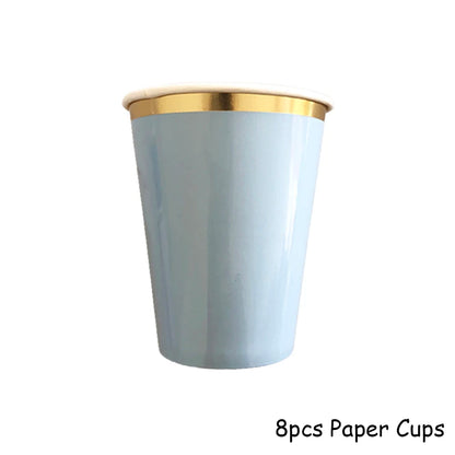 Gold Blue Party Disposable Tableware Paper Straw Cups Plates Napkins Baby Shower Favors Birthday Wedding Decor Party Supplies.