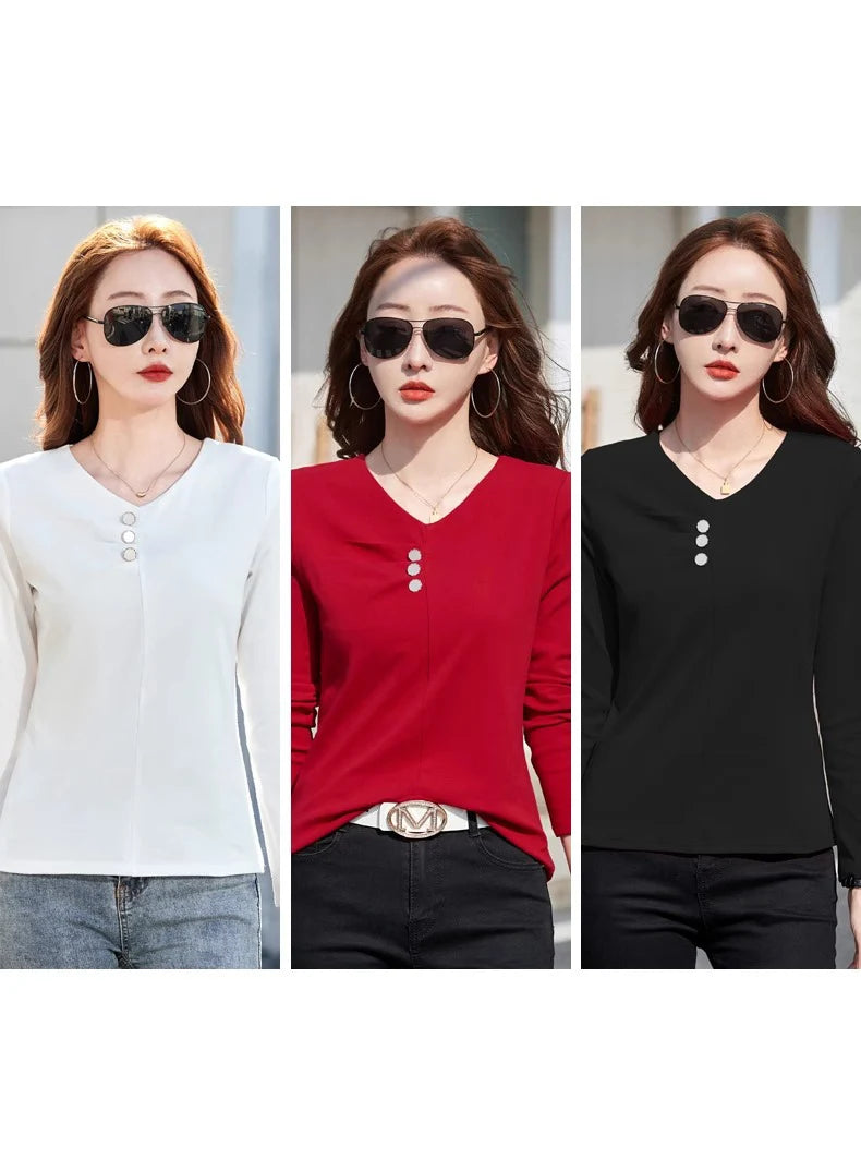 Wine red pure cotton long sleeved t-shirt for women's spring and autumn new style V-neck fashionable casual plus size loose top.