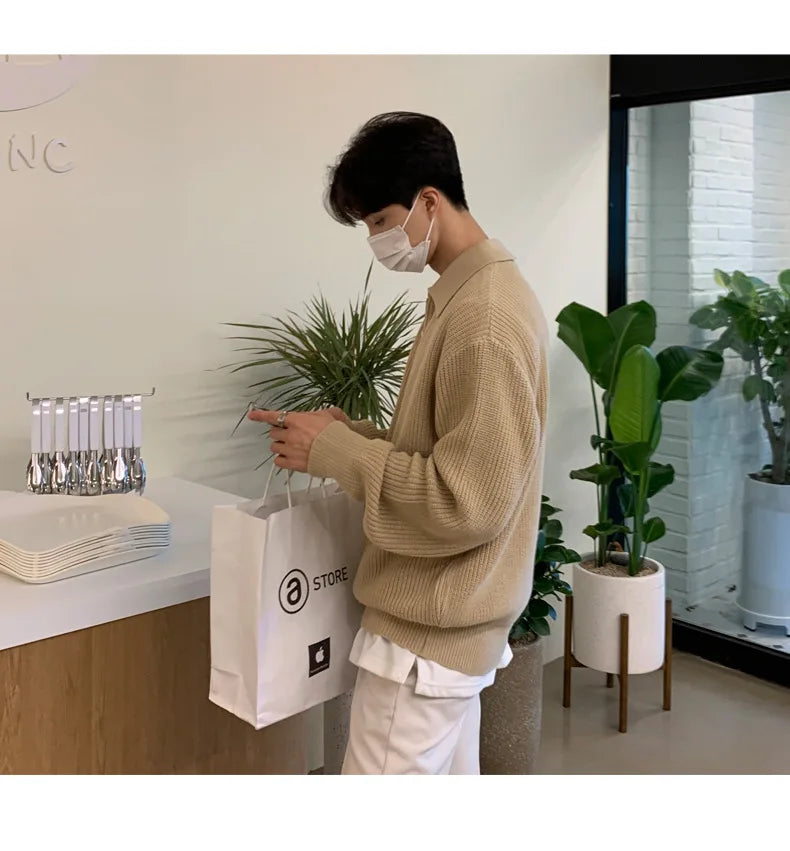 Half Zipper Sweater Men's Autumn and Winter Japanese Retro Korean Lapel Sweater Loose Casual Thread Trend.