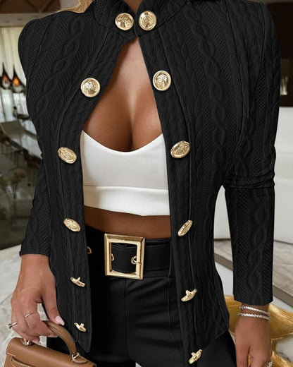 Herbst Winter Frauen Jacke Slim Fit Metall Knöpfe Stehkragen Lange Ärmel Jacquard Mantel Einfarbig OL Pendeln Mantel Für Arbeit