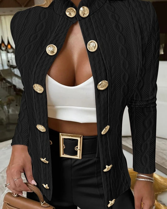 Herbst Winter Frauen Jacke Slim Fit Metall Knöpfe Stehkragen Lange Ärmel Jacquard Mantel Einfarbig OL Pendeln Mantel Für Arbeit