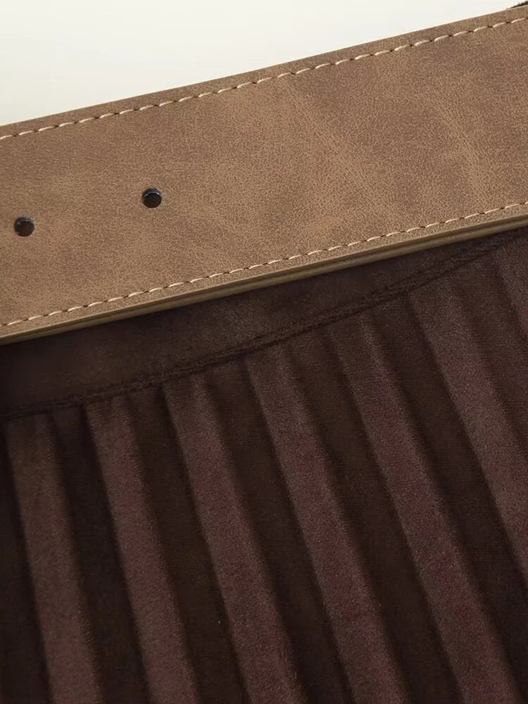 European and American style autumn new fashion trend casual simple women's matching belt suede effect pleated midi skirt.