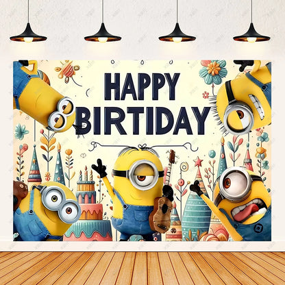 Cartoon M & Minions Geburtstag Party Dekoration Einweg Geschirr Tasse Teller Tischdecke Luftballons Gelb Große Augen Hintergrund Banner