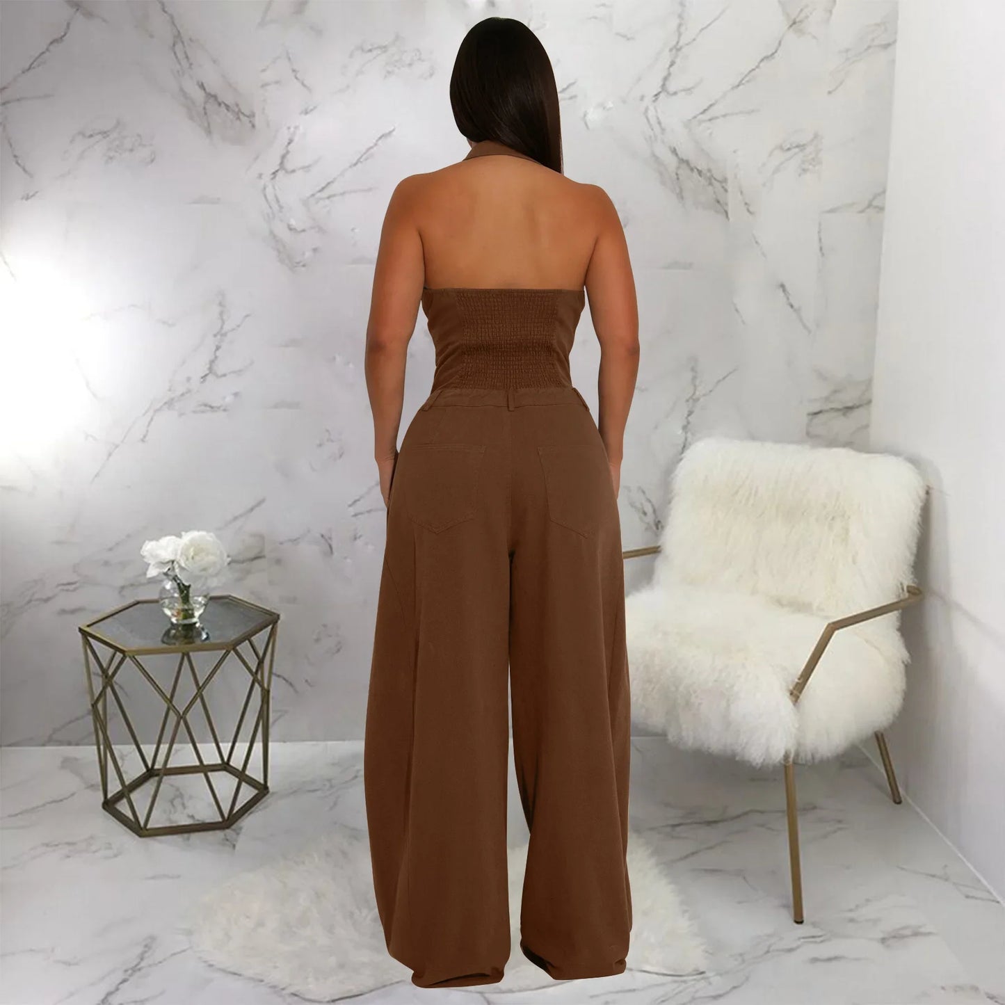 Fashionable Backless Casual Romper with Pockets for Women Summer Breathable Lightweight Solid Color One-Piece Suit