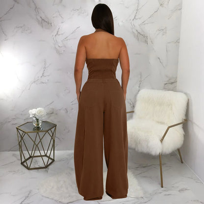 Fashionable Backless Casual Romper with Pockets for Women Summer Breathable Lightweight Solid Color One-Piece Suit