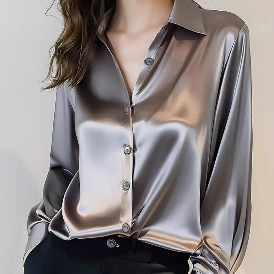 2025 Summer Women's Satin Shirts Elegant Plain Long Sleeve Blouse Office Lady Button-Up Shirt Top Female Shirts Blouse Autumn.