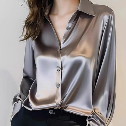 2025 Summer Women's Satin Shirts Elegant Plain Long Sleeve Blouse Office Lady Button-Up Shirt Top Female Shirts Blouse Autumn.