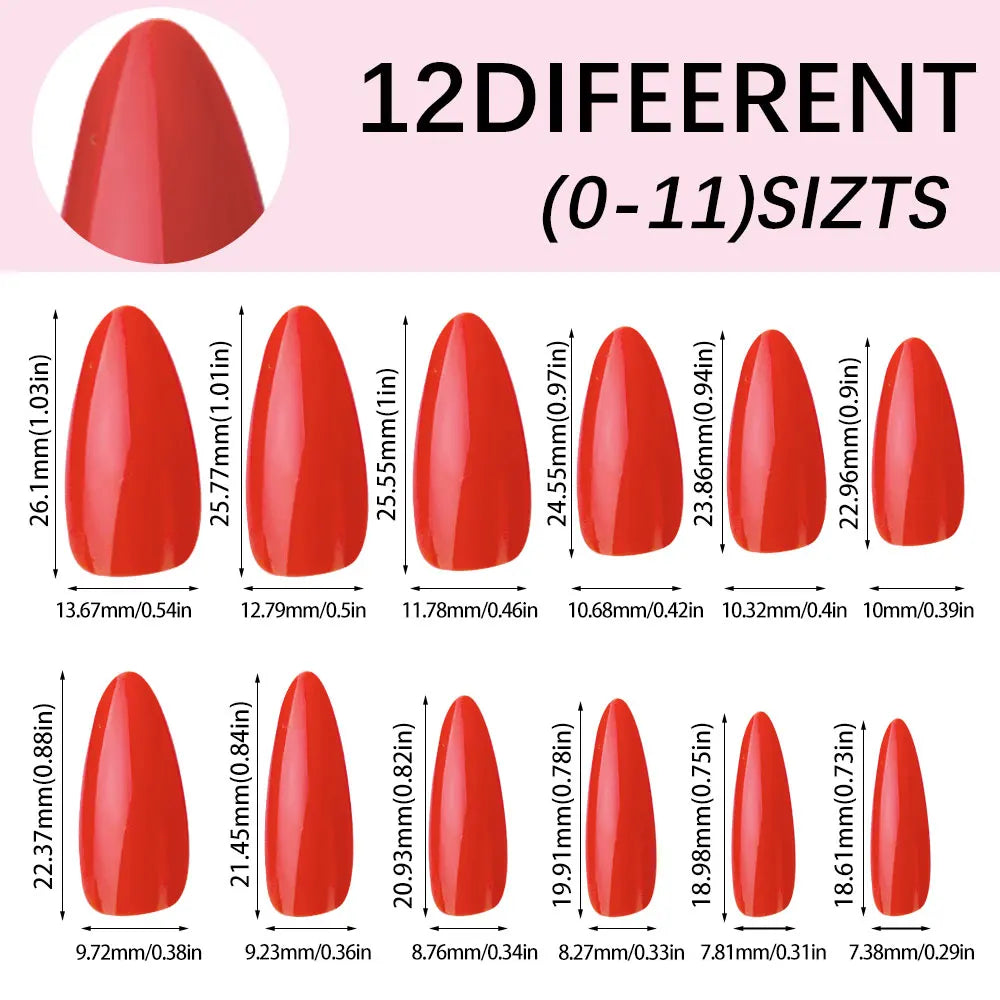 120pcs/box Red White Glossy Acrylic Medium Almond False Nails Solid Color Press-On Nails 12 Sizes Almond Artificial Fake Nails.