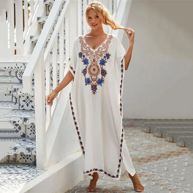 Women Embroidered Kaftan Dress Caftan Loungewear Long Bathing Suit Cover Up Beach Wear Vacation Outfit Loose Summer Women's Robe