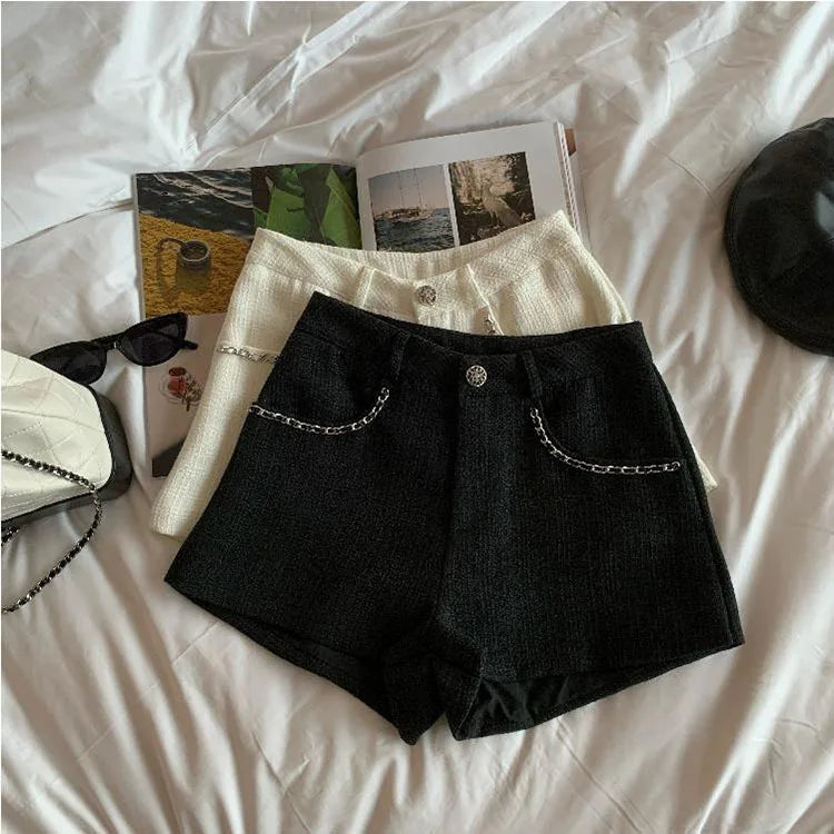 Fashion Tweed High Waist Women Shorts Autumn Winter Slim Office Woolen Black Shorts Women