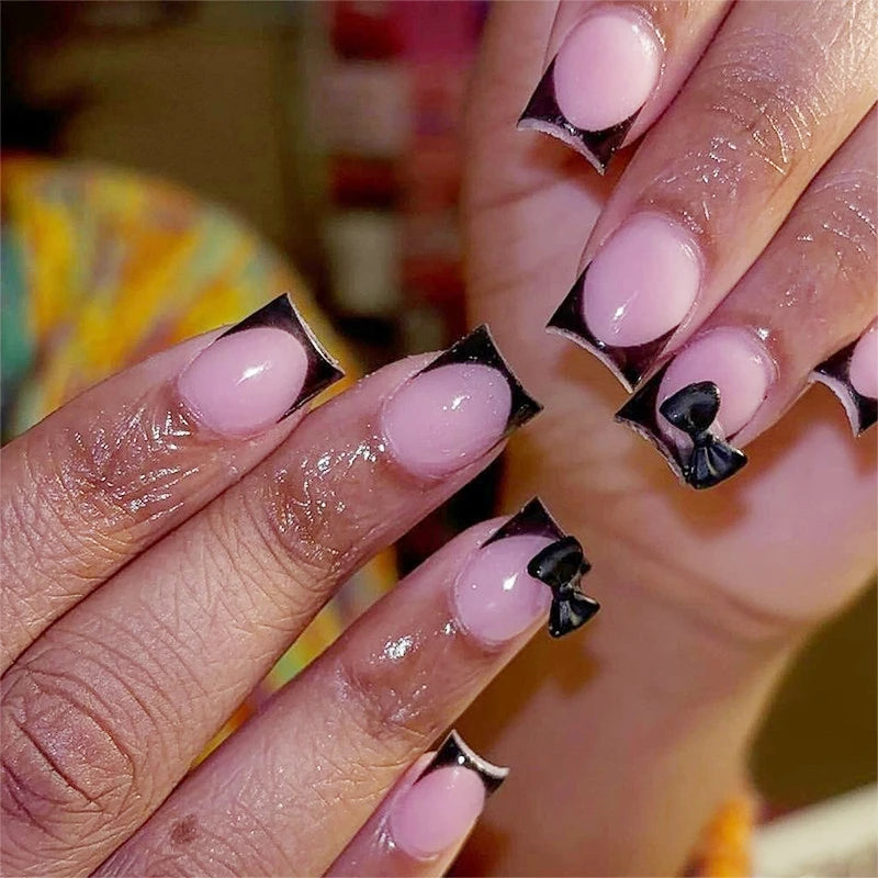 White French Press on Nails 3D Bowknot Fake Nails Tips Full Cover Wearable False Nails for Women and Girls DIY Manicure 24Pcs