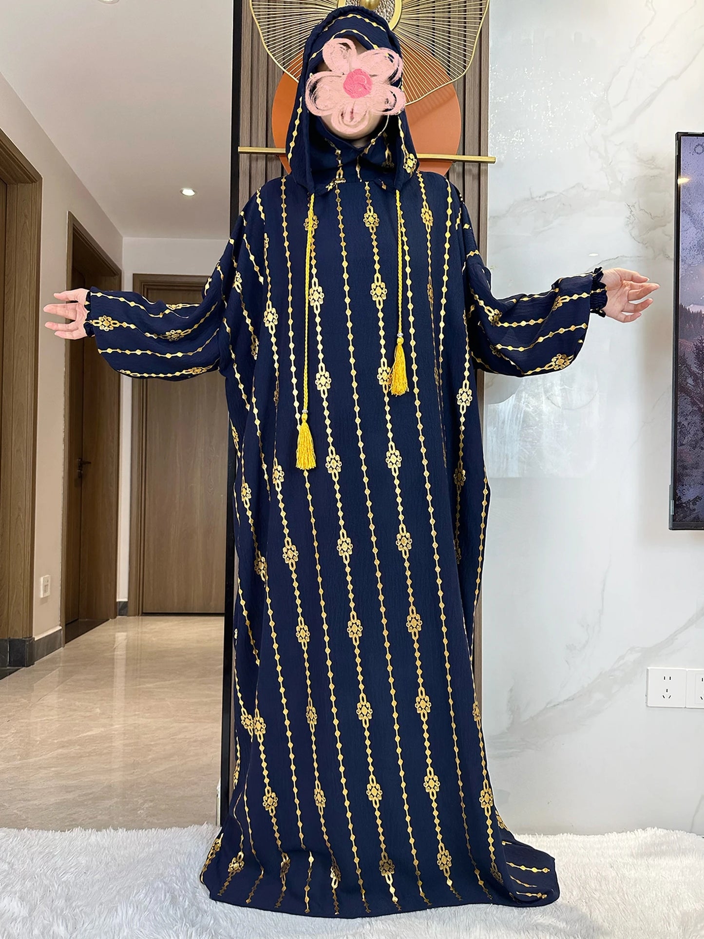 High Grade Cotton Fabric Ramadan Muslim Two-Hat Abaya Dubai Turkey Islam Prayer Clothes Gold Dust Dress Islam Women Dress Kaftan.