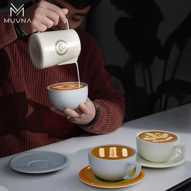 MUVNA Coffee and tea tools Cups 280ml/for Latte,Hot Tea,Cappuccino,Mocha,Cocoa,White/Cup and Saucer Set/Ceramic Latte Coffee Cup.