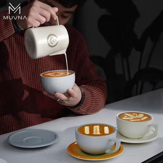 MUVNA Coffee and tea tools Cups 280ml/for Latte,Hot Tea,Cappuccino,Mocha,Cocoa,White/Cup and Saucer Set/Ceramic Latte Coffee Cup.
