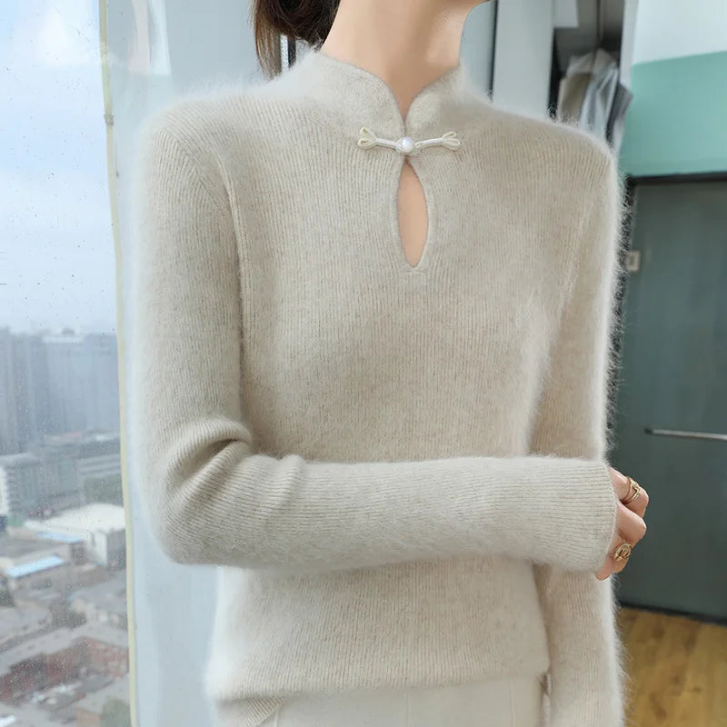 2024 autumn winter new 100% mink cashmere sweater women's pullover slim-fit long sleeve solid color stand collar bottom knitwear.