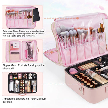 Professional Makeup Bag Extra Large Cosmetic Train Case Make Up Brush Organizer Storage Box Manicure Artist Bags with Dividers.