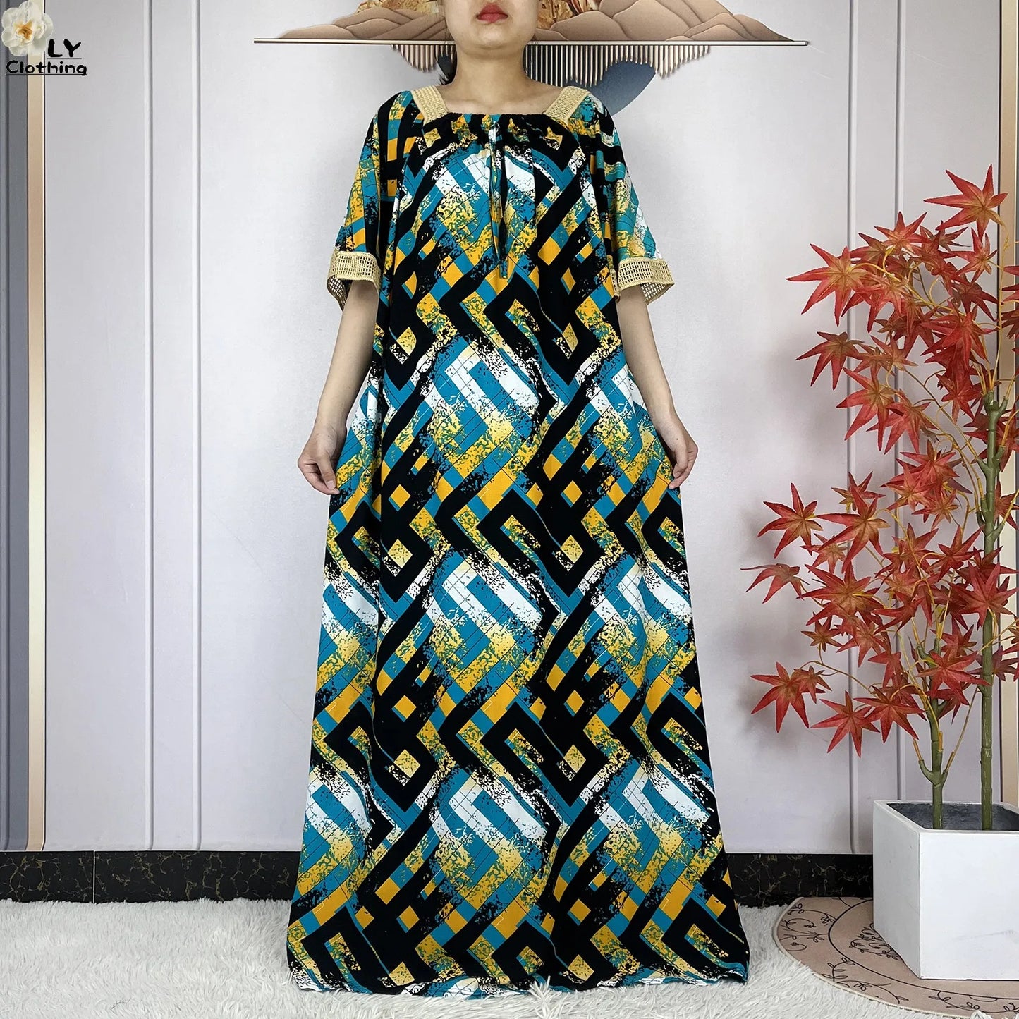 New Muslim Dress Woman Short Sleeve Dashiki African Abaya Tie-dyed Printing Cotton Loose Femme Robe Islamic Dresses With Scarf
